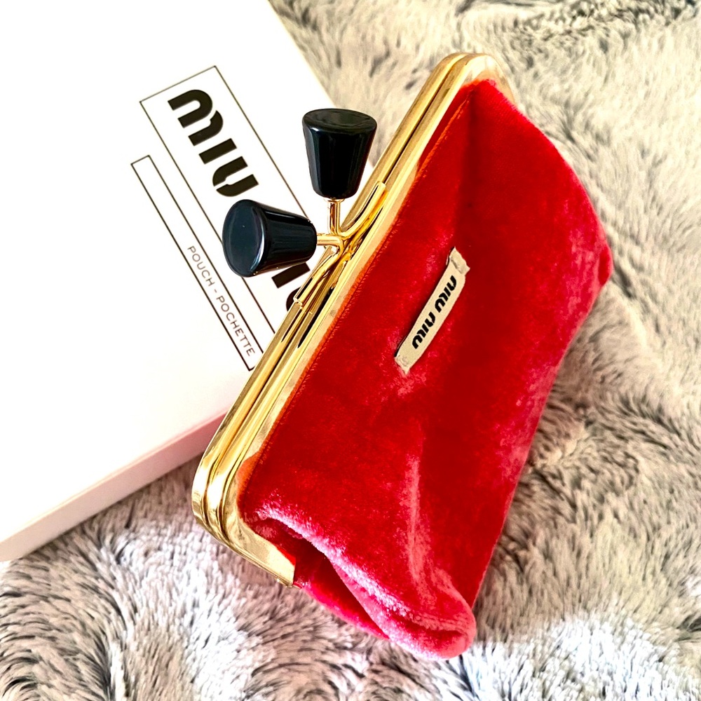 Miu Miu red velvet kiss lock gold frame pouch